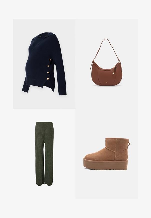 Tamno plavi majica za trudnice s V-izrezom, rebrastom teksturom i zlatnim gumbima sa strane, s opuštenim i širokim krojem.; Zelene pletene hlače s širokim nogavicama, koje imaju vertikalnu teksturu i udoban elastični pojas.; Svijetlosmeđi antilop čizmice do članka s platformom, okruglim vrhom i ukrasnim šavovima; ima petnu traku za lakše obuvanje.; Smeđa torba od umjetne kože s zakrivljenim oblikom, minimalnim šavovima i zlatnim metalnim detaljima. Ima zatvaranje na gornjoj strani sa patentnim zatvaračem i podesivu naramenicu.