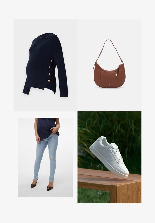 Navy kék kismama pulóver V-kivágással, bordázott textúrával és aranygombos részletekkel az oldalon, laza, oversize szabással.; Világoskék, skinny szabású farmernadrág, lyukas térddel, rugalmas anyagból, közepes derekú és bokáig érő; barna, hegyes orrú magassarkúval párosítva.; Fehér sportcipő sima szintetikus felsőrésszel, perforált lábujjrész, lapos fűzőkkel és texturált talppal, fából készült felületen kihelyezve.; Barna műbőr válltáska ívelt formával, minimális varrással és arany színű kiegészítőkkel. Jellemzője a felső cipzáras záródás és állítható pánt.