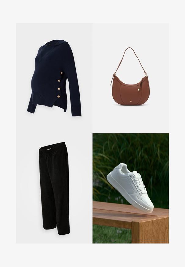 Tume sinine rasedusee särgiga, millel on V-kaelus, ribakujuline tekstuur ja kuldne nööbiga kaunistus külgedel, millel on lõtv ja üle mõõtme sobiv kord.; Mustadest corduroy-püksid, millel on relaxed sobivus, kummiga vöökoht ja lühike pikkus. Pehme tekstuur koos vertikaalse soonelise mustriga.; Valged sneakerd, millel on sile sünteetiline ülemine osa, väikeste aukudega varvaskast, lamedad paelad ja tekstuuriga tald, eksponeeritud puidust pinnal.; Pruun faux nahast õlaline kott, millel on kaarjas kuju, minimaalne õmblemine ja kuldse tooni metallist aksessuaar. Omab ülemist tõmblukku ja reguleeritavat rihma.