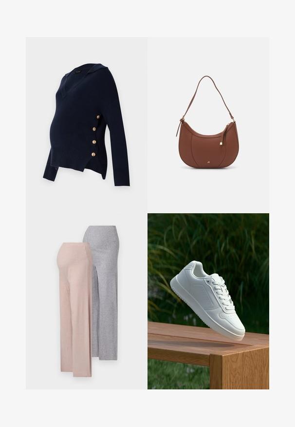 Navy blue maternity sweater with a V-neck, ribbed texture, and gold-button accents along the side, featuring a relaxed oversized fit.; Two pairs of wide-leg trousers, one light pink and one light gray, made from a soft ribbed knit fabric, featuring a high waistband.; White sneaker with a smooth synthetic upper, perforated toe box, flat laces, and a textured sole, displayed on a wooden surface.; Brown faux leather shoulder bag with curved shape, minimal stitching, and a gold-tone hardware accent. Features a top zipper closure and adjustable strap.