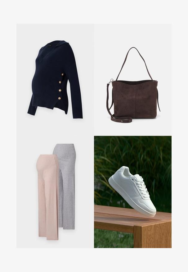 Tamno plavi majica za trudnice s V-izrezom, rebrastom teksturom i zlatnim gumbima sa strane, s opuštenim i širokim krojem.; Dva para širokih hlača, jedna svijetlo ružičasta i jedna svijetlo siva, izrađena od meke rebraste pletene tkanine, s visokim strukom.; Bijela tenisica sa glatkim sintetičkim gornjim dijelom, perforiranim prednjim dijelom, ravnim vezicama i teksturiranom potplatom, prikazana na drvenoj površini.; Smeđa suđena torba s mekanom teksturom, s jednim remenom za rame i suptilno zakrivljenim gornjim otvorom. Nema vidljivih dijelova od hardvera.