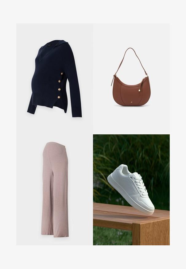 Mornarško modra materinska pulover s V-izrezom, rebrasto teksturo in zlatimi gumbi ob strani, z udobnim širokim krojem.; Svetlo roza, rebraste hlače s širokimi nogavicami in brezšivim pasom, z mehko, teksturirano tkanino in sproščenim silhuetom.; Bela teniska s gladkim sintetičnim zgornjim delom, perforiranim prednjim delom, ravnimi vezalkami in teksturiranim podplatom, prikazana na leseni površini.; Rjava usnjena torbica z ramenskim ročajem, ukrivljene oblike, minimalnim šivom in zlato-tonirano kovinsko dekoracijo. Ima zgornje zapiranje na zadrgo in nastavljiv trak.