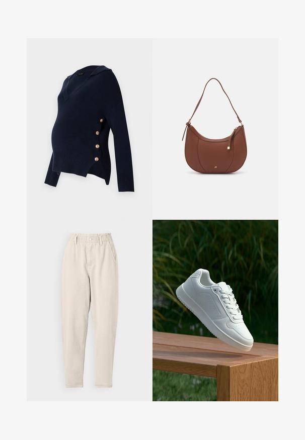 Marinblå graviditetströja med V-ringning, ribbad textur och guldknyttfästen längs sidan, med en avslappnad oversized passform.; Beiga högmidjade byxor i mjukt material, med sidofickor, knappstängning och avslappnad passform. Slät yta och tapered ben.; Vita sneakers med en slät syntetisk ovandel, perforerat tåparti, platta snören och en strukturerad sula, placerade på en träyta.; Brun faux läder axelväska med rundad form, minimal sömnad och detaljer i guldfärgad hårdvara. Har en övre dragkedjestängning och justerbar rem.