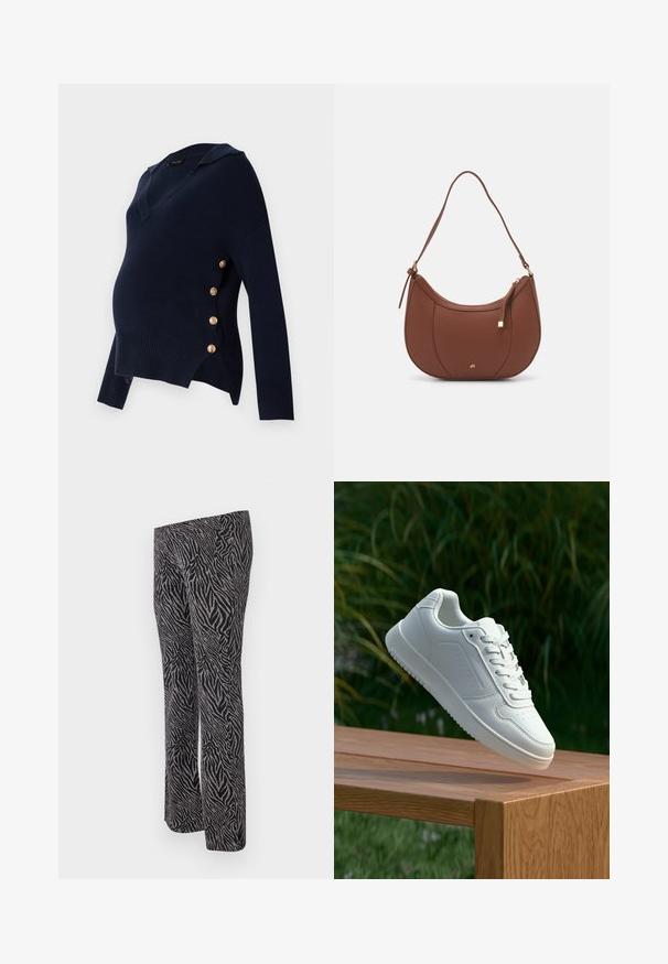 Tume sinine rasedusee särgiga, millel on V-kaelus, ribakujuline tekstuur ja kuldne nööbiga kaunistus külgedel, millel on lõtv ja üle mõõtme sobiv kord.; Mustand ja hõbedased legginsid, millel on sebra triibud, veniv kangas, sirge jala disain ja kõrge vöökoht.; Valged sneakerd, millel on sile sünteetiline ülemine osa, väikeste aukudega varvaskast, lamedad paelad ja tekstuuriga tald, eksponeeritud puidust pinnal.; Pruun faux nahast õlaline kott, millel on kaarjas kuju, minimaalne õmblemine ja kuldse tooni metallist aksessuaar. Omab ülemist tõmblukku ja reguleeritavat rihma.