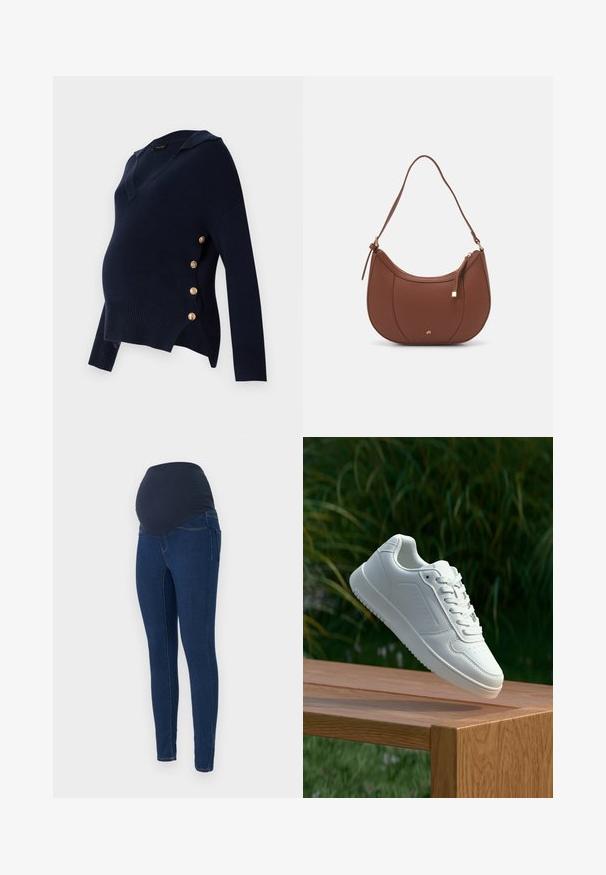 Marineblauwe zwangerschapstrui met een V-hals, geribbelde structuur en gouden knoopaccenten aan de zijkant, met een ontspannen oversized pasvorm.; Zwangere jeans in donkerblauwe denim, met een rekbare donkere tailleband en een slim-fit ontwerp met zakken.; Witte sneaker met een gladde synthetische bovenkant, geperforeerde neus, platte veters en een gestructureerde zool, tentoongesteld op een houten oppervlak.; Bruine faux leren schoudertas met een gebogen vorm, minimale stiksels en een gouden hardware-accent. Voorzien van een bovenste ritsluiting en een verstelbare schouderband.