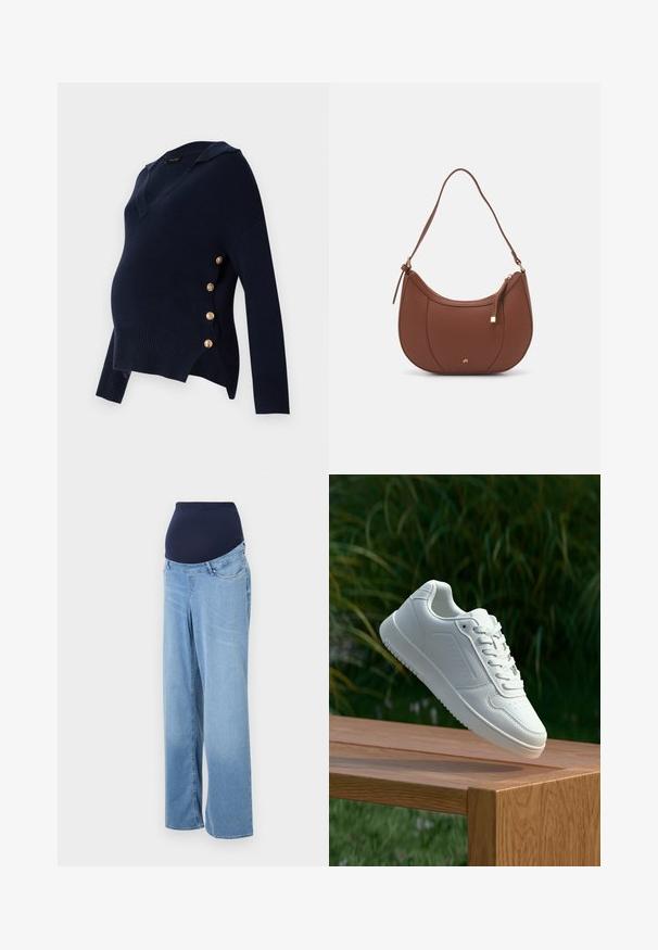 Sweater de maternidade azul-marinho com decote em V, textura canelada e detalhes com botões dourados ao longo do lado, apresentando um corte relaxado e oversized.; Calças de maternidade em denim azul claro. Apresentam uma cintura elástica em azul-marinho e um design de perna larga. Bolsos frontais padrão e tecido ligeiramente desbotado.; Sapatilha branca com um cabedal sintético liso, caixa dos dedos perfurada, atacadores planos e uma sola texturizada, exposta sobre uma superfície de madeira.; Mala de ombro em pele sintética castanha com forma curva, costura minimalista e detalhe em metal dourado. Apresenta fecho de zíper no topo e alça ajustável.