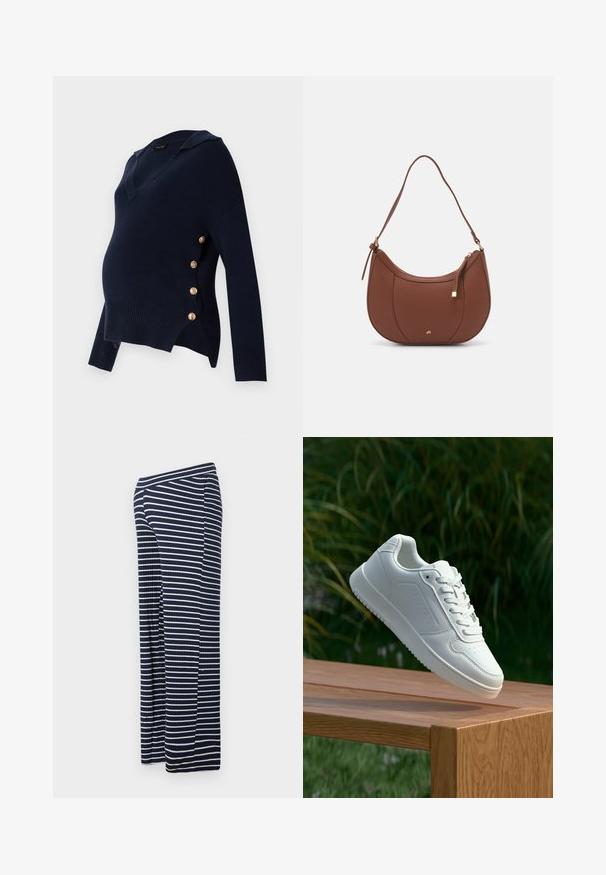 Mornarško modra materinska pulover s V-izrezom, rebrasto teksturo in zlatimi gumbi ob strani, z udobnim širokim krojem.; Temno modre in bele črtaste široke hlače z rebrasto teksturo, ki imajo elastičen pas in sproščen kroj.; Bela teniska s gladkim sintetičnim zgornjim delom, perforiranim prednjim delom, ravnimi vezalkami in teksturiranim podplatom, prikazana na leseni površini.; Rjava usnjena torbica z ramenskim ročajem, ukrivljene oblike, minimalnim šivom in zlato-tonirano kovinsko dekoracijo. Ima zgornje zapiranje na zadrgo in nastavljiv trak.
