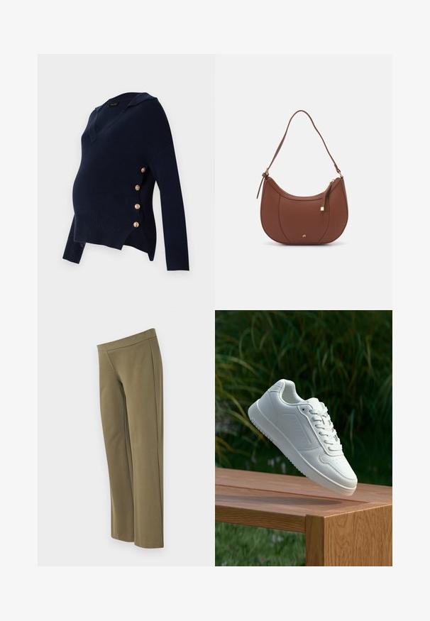 Tamsiai mėlyna nėščiųjų megztinis su V formos iškirpte, struktūruota tekstūra ir auksinėmis mygtukų detalėmis šone, pasižymintis laisvu, per dideliu siluetu.; Alyvmedžio spalvos, plačiojo kojų modelio kelnės, pagamintos iš minkštos medžiagos, su lygia juosmeniu ir minimaliais siūlės, suteikiančios švarų įvaizdį.; Balti sneakeriai su lygia sintetine viršutine dalimi, perforuota pirštų zona, plokščiomis raištelėmis ir tekstūruotu padu, padėti ant medinės paviršiaus.; Ruda dirbtinės odos petinė piniginė su kreiva forma, minimalia siuvimo linija ir auksinės spalvos įranga. Yra užtrauktuko uždarymas viršuje ir reguliuojama petneša.