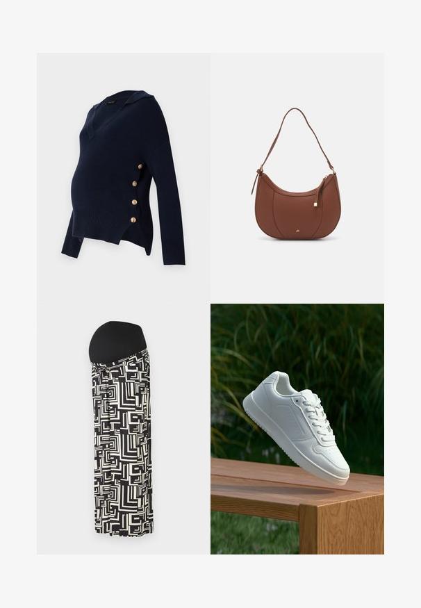 Tumši zilo grūtniecības džemperi ar V-veida kaklu, ripuļu tekstūru un zelta pogu akcentiem sānos, ar brīvu pārmērīgu piegriezumu.; Maternitātes maxi svārki melnā un baltā krāsā ar ģeometriskiem rakstiem, ar elastīgu jostu komfortam un izstiepšanai.; Baltie sporta apavi ar gludu sintētisku augšpusi, perforētu pirkstu daļu, plakani šņorēm un rakstainu zoli, novietoti uz koka virsmas.; Brūns mākslīgās ādas pleca soma ar izliekta forma, minimāls šuvums un zelta toņa aparatūras akcenti. Aprīkota ar augšējo rāvējslēdzēju un regulējamu siksnu.