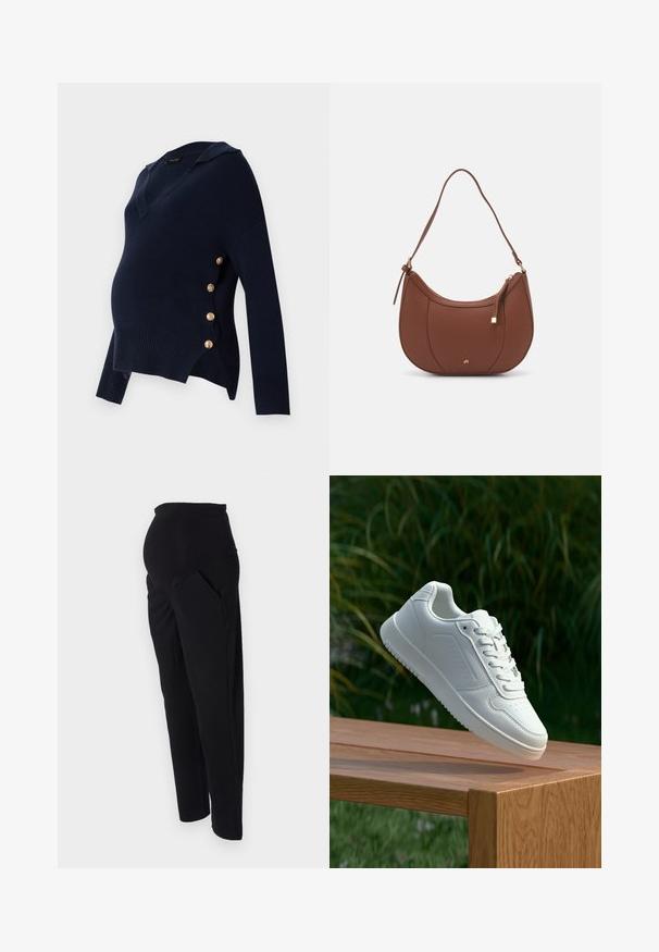 Navy blue maternity sweater with a V-neck, ribbed texture, and gold-button accents along the side, featuring a relaxed oversized fit.; Black maternity pants with a high, stretchy waistband, side pockets, and tapered legs. Made from soft, comfortable fabric.; White sneaker with a smooth synthetic upper, perforated toe box, flat laces, and a textured sole, displayed on a wooden surface.; Brown faux leather shoulder bag with curved shape, minimal stitching, and a gold-tone hardware accent. Features a top zipper closure and adjustable strap.
