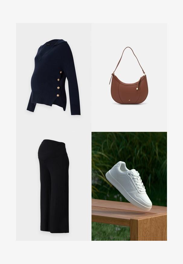 Navy blue maternity sweater with a V-neck, ribbed texture, and gold-button accents along the side, featuring a relaxed oversized fit.; Black ribbed wide-leg pants with a high waistband. The fabric is smooth and stretchy, creating a relaxed fit throughout the legs.; White sneaker with a smooth synthetic upper, perforated toe box, flat laces, and a textured sole, displayed on a wooden surface.; Brown faux leather shoulder bag with curved shape, minimal stitching, and a gold-tone hardware accent. Features a top zipper closure and adjustable strap.