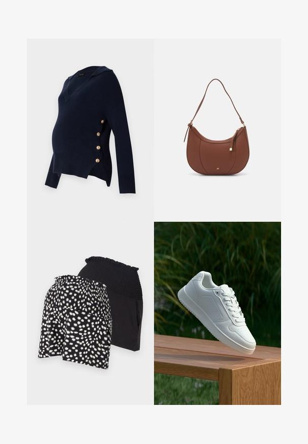 Navy kék kismama pulóver V-kivágással, bordázott textúrával és aranygombos részletekkel az oldalon, laza, oversize szabással.; Fekete virágmintás sort, fehér margarétákkal, ráncolt derékkal; a belső sort sima fekete anyagból készült.; Fehér sportcipő sima szintetikus felsőrésszel, perforált lábujjrész, lapos fűzőkkel és texturált talppal, fából készült felületen kihelyezve.; Barna műbőr válltáska ívelt formával, minimális varrással és arany színű kiegészítőkkel. Jellemzője a felső cipzáras záródás és állítható pánt.
