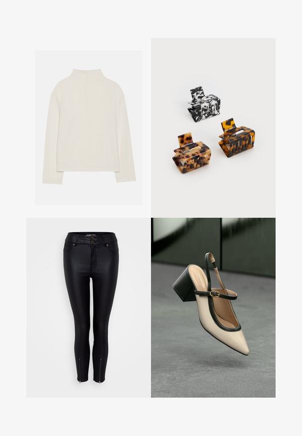 Krémový dlhý rukáv top s vysokým golierom, jemnou textúrou a voľným strihom. Bezšvové ramená a priamy lem so bočnými rozparky.; Čierne úzke jeansy s lesklým imitovaným koženým povrchom, dva predné vrecká, dvojité zapínanie na gombíky a zipsy pri členkoch ako detail.; Béžová lodička so špicatou špičkou, s čiernym lemom, zlatou prackou a robustným blokovým podpätkom na šedom podlahe s tmavozeleným pozadím.; Tričko na vlasy: jedno čierno-biele mramorované, dve korytnačie v hnedej a čiernej farbe, všetky vyrobené z lesklého plastu s textúrovaným povrchom.