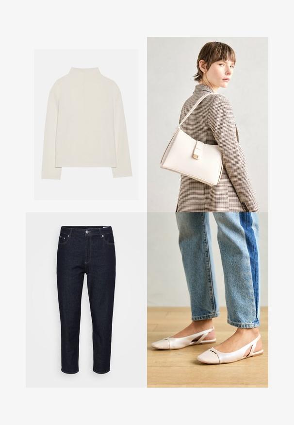 Kremna dolga majica z dolgimi rokavi in visokim ovratnikom, mehke teksture in sproščenega kroja. Brezšivne ramena in ravna obroba s stranskimi razpoki.; Dolge temno modre kavbojke ravne noge z sprednjimi žepi, zankami za pas in sprednjim gumbom, prikazane na nevtralni podlagi.; Svijetloružičaste slingback balerinke s šiljastim nožnim prstima, napravljene od glatkog materijala nalik koži. Imaju izrezane detalje sa strane i ravne pete.; Bela usnjena torba s strukturirano zasnovo, opremljena z magnetnim zapiranjem in naramnico, prikazana na nevtralni ozadju.; Srebrn dvojni prstan z gladko, polirano površino. Ima tekoč, ukrivljen dizajn z prekrivajočimi se sekcijami za sodoben videz.