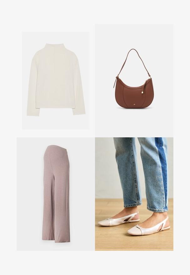 Cream-colored long-sleeve top with a high collar, soft texture, and relaxed fit. Seamless shoulders and straight hem with side slits.; Light pink, ribbed wide-leg pants with a seamless waistband, featuring a soft, textured fabric and a relaxed silhouette.; Pale pink slingback flats with a pointed toe, made from a smooth leather-like material. Features cut-out details at the sides and a flat heel.; Brown faux leather shoulder bag with curved shape, minimal stitching, and a gold-tone hardware accent. Features a top zipper closure and adjustable strap.