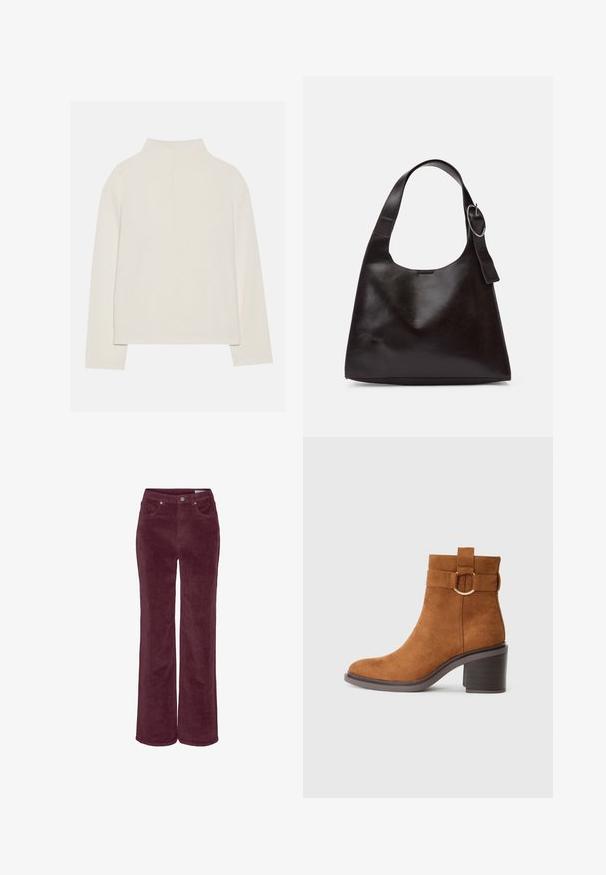 Blusa de manga longa na cor creme, com colarinho alto, textura macia e corte solto. Ombros sem costura e bainha reta com fendas laterais.; Calças de veludo cotelê com design de perna larga, em cor borgonha profunda. Apresentam bolsos frontais e passantes para cinto, com acabamento em tecido texturizado.; Botim de tornozelo em camurça castanha com bico arredondado, salto bloco e uma tira decorativa com um detalhe de fivela circular.; Bolsa de ombro em pele castanha com uma textura suave, forma arredondada, alça larga e um detalhe metálico circular na pega.