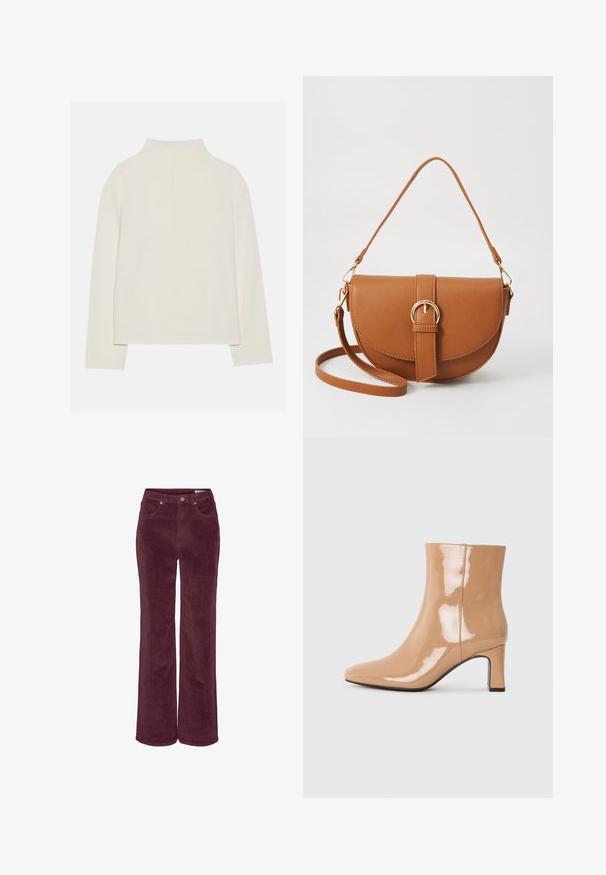 Cream-colored long-sleeve top with a high collar, soft texture, and relaxed fit. Seamless shoulders and straight hem with side slits.; Corduroy pants with a wide-leg design, in a deep burgundy color. Features front pockets and belt loops, textured fabric finish.; Nude patent ankle boots with a pointed toe, a shiny finish, and a mid-height block heel. Smooth texture and sleek silhouette.; Brown leather crossbody bag with a curved shape, gold hardware, and a buckle accent. Features a detachable shoulder strap.