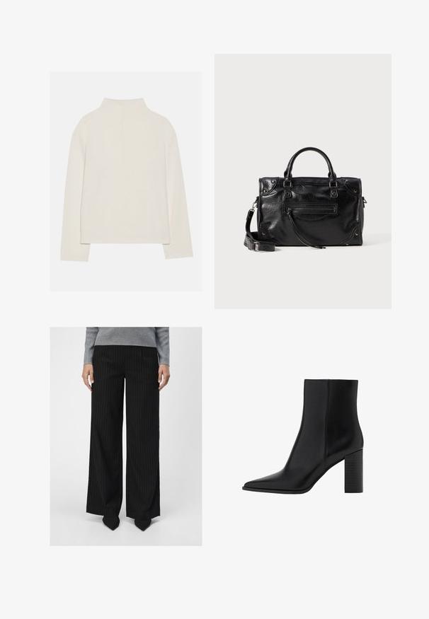 Krémový dlhý rukáv top s vysokým golierom, jemnou textúrou a voľným strihom. Bezšvové ramená a priamy lem so bočnými rozparky.; Object OBJLISA WIDE - Nohavice - black; Čierna kožená členková čižma s špicatou špičkou, štvorcovým podpätkom, hladkou textúrou a šitými detailmi pozdĺž švov. Výška podpätkov je približne 3,5 palca.; Čierna kožená kabelka s dvoma krátkymi ušami a odnímateľným ramenným popruhom. Obsahuje predné vrecko na zips a kovové akcenty. Textúrovaný povrch.