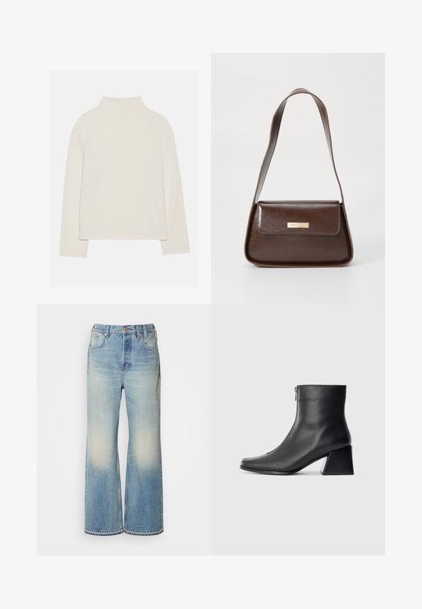 Kreemivärvi pikkade varrukatega topp kõrge kaelusega, pehme tekstuuriga ja mugava lõikega. Õmblusteta õlavarred ja sirge alläär külgservadega.; Heledad sinine teksarihmaga laiad püksid, millel on pleekinud efekt, nupuga kinni pandud, vöödega ja viie taskuga disain.; Must musta ankle bot, mille ruudukujuline varvas, külgriiv ja plokk-konts, heledal taustal.; Pruun nahast õlalina, millel on struktureeritud kuju, magnetist klapiga sulgemine ja esiküljel metallne logo aksessuaar.