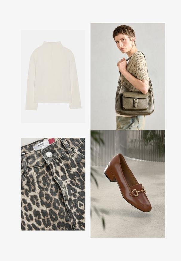 Kreemivärvi pikkade varrukatega topp kõrge kaelusega, pehme tekstuuriga ja mugava lõikega. Õmblusteta õlavarred ja sirge alläär külgservadega.; Keskpikkused leopardimustrilised teksapüksid, mis on valmistatud denimist ja sisaldavad beeži ning musta värvi segu; kaasas on metallist nööp ja eesmine lukustus.; Pruunist lakknahast loafer, millel on ruudukujuline varvas, metallist ahel kaunistus ja madal plokkkonts; sile tekstuur, minimalistlik disain.; Oliivroheline nahast käekott, millel on ette klapp, reguleeritav rihm ja hõbedased detailid, esitletud mudelil, kes kannab kudumistoppi.