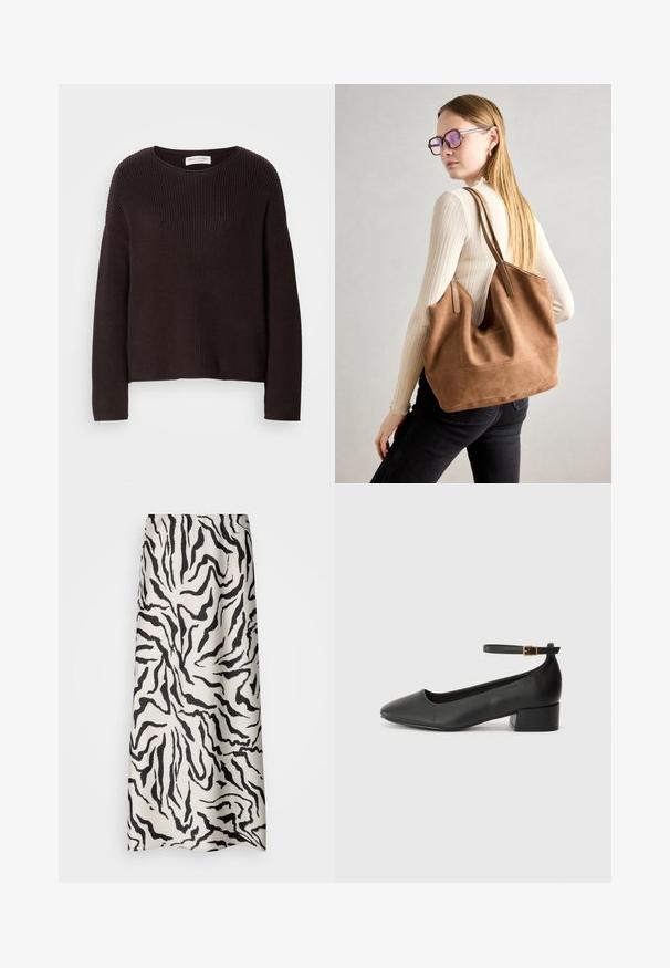 Tmavohnedý pletený sveter s okrúhlym výstrihom, spadnutými ramenami a rebrovanou textúrou po celom povrchu. Jednoduchý, voľný strih.; Maxi sukňa z krémového materiálu s čiernym tiger pruhom. Hladká textúra s elastickým opaskom, s dĺžkou po zem.; Čierne kožené lodičky s špicatou špičkou a nízkym blokovým podpätkom. Obsahuje remienok okolo členka so zlatým prackou. Hladký povrch.; Hnedá semišová taška na rameno s mäkkou textúrou, veľkým otvorom a dlhými popruhmi. Má jednoduchý dizajn s viditeľným šitím a bez kovových prvkov.