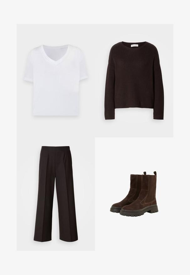 Pulover tricotat maro închis, cu guler rotund, umeri căzuți și textură ribbed pe întreaga suprafață. Design simplu, cu o croială lejeră.; Tricou alb scurt, cu decolteu în V, mâneci scurte și un material neted, ușor. Fără modele sau accesorii vizibile. Design simplu.; Pantaloni negri cu laturi largi, cu o față plată, pliseuri și o textură de țesătură fină. Prezintă un talie înaltă și o croială ajustată pentru un fit structurat.; Botine din suede maro, cu panouri elastice laterale, vârfuri rotunde și tălpi groase din cauciuc. Detaliile cusutului îmbunătățesc designul.
