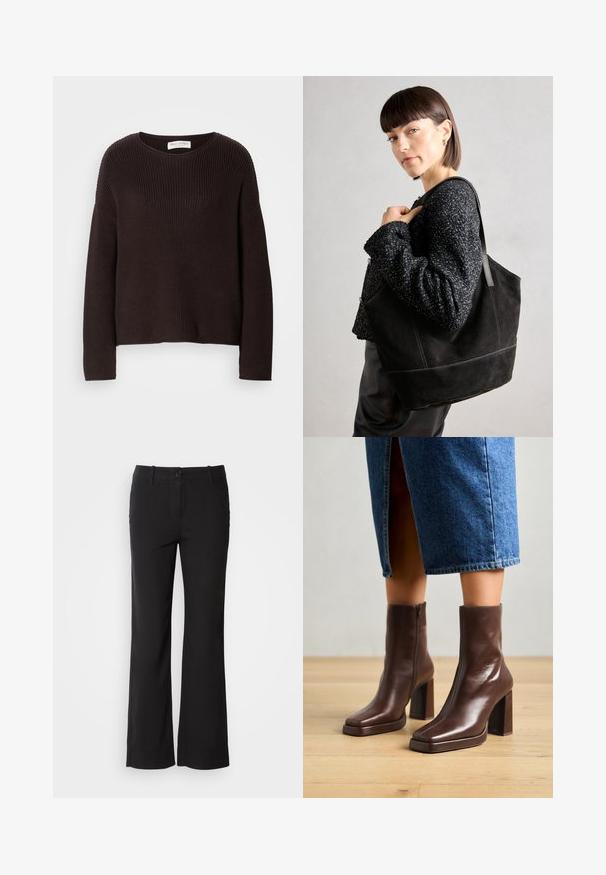 Dark brown knitted sweater featuring a round neckline, dropped shoulders, and ribbed texture throughout. Simple, relaxed fit design.; Black cotton blend trousers with a straight-leg design, front button closure, and two side pockets. Smooth texture, no visible patterns.; Jeffrey Campbell MAXIMAL-L2 - Platform ankle boots - dark cognac; Black suede tote bag with a smooth texture, structured shape, and contrasting stitching. Features long straps for shoulder carry.