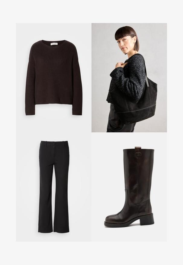 Sötétbarna kötött pulóver, kerek nyakkivágással, ejtett vállakkal és bordás textúrával. Egyszerű, laza szabású kialakítás.; Fekete pamut keverék nadrág egyenes szárú dizájnnal, elülső gombos záródással és két oldalsó zsebbel. Simára kialakított textúra, nincs látható minta.; Barna bőr, térdig érő csizmák, masszív blokk sarokkal, fényes felülettel és hátsó húzófüllel; áramvonalas sziluettel és tartós talppal rendelkeznek.; Fekete, velúr anyagú tote táska sima felülettel, strukturált formával és kontrasztos varrással. Hosszú pántjai lehetővé teszik a vállon való hordást.