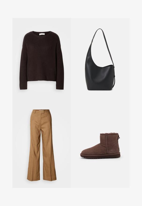 Tmavě hnědý pletený svetr s kulatým výstřihem, spadlými rameny a žebrovanou texturou po celé ploše. Jednoduchý, uvolněný střih.; Hnědé široké kalhoty vyrobené z lehké tkaniny. Mají plochý přední díl, poutka na pásek a upravený siluetu s délkou ke kotníkům.; UGG CLASSIC MINI II - Zimní obuv - burnt cedar; Černá kožená hobo taška s hladkým povrchem, zakřiveným tvarem a jedním nastavitelným popruhem; má široké otevírání nahoře.