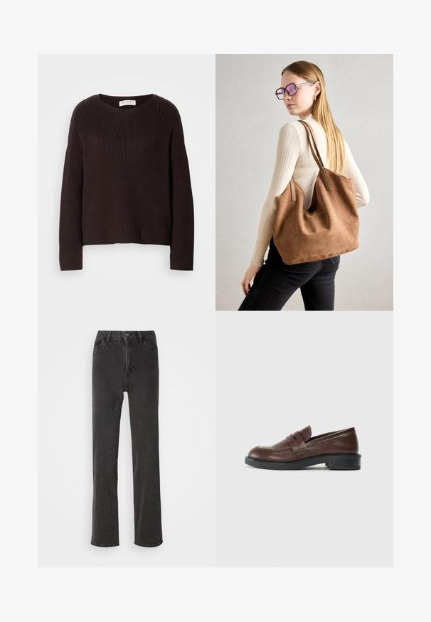 Mørk brun strikket genser med rund hals, senkede skuldre og ribbet tekstur gjennom hele. Enkel, avslappet passform.; Sorte denimjeans med rett snitt, høy midje, fem lommer og knappeåpning. Materialet har en liten tekstur, uten synlige mønstre.; Brune lærloafers med en rund tå, som har en dekorativ rem over vristen, og en lav, teksturert svart gummihæl.; Brun semsketotebag med myk tekstur, stor åpning og lange stropper. Har et enkelt design med synlig søm og uten maskinvare.