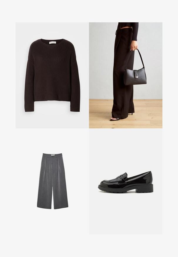 Dunkelbrauner gestrickter Pullover mit rundem Ausschnitt, überschnittenen Schultern und durchgehend gerippter Textur. Einfaches, lässiges Design.; Faltenhose mit weitem Bein aus einem dunkelgrauen Stoff mit subtiler Textur. Verfügt über einen Knopfverschluss und ein klassisches Design des Bunds.; Schwarze Lackleder Slipper mit runder Spitze, dekorativem Riemen über dem Spann und einer stabilen Gummisohle mit Profilmuster.; Schwarze Handtasche mit strukturierter Form, glatter Textur und einem metallischen Verschluss. Kombiniert mit weiten schwarzen Hosen und offenen Sandalen auf einem Holzboden.