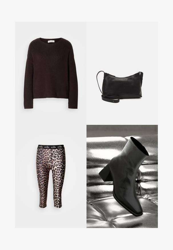 Suéter de punto marrón oscuro con cuello redondo, hombros caídos y textura acanalada en toda la prenda. Diseño sencillo y de corte relajado.; Leggings cortos hechos de una tela elástica con un estampado de leopardo negro y dorado, con una cintura elástica negra.; Botín negro de tobillo hecho de material brillante, con punta cuadrada y tacón cónico, contra un fondo plateado brillante con almohadillado.; Bolso de hombro de cuero negro con una textura suave, forma curvada, correa ajustable y cierre con cremallera. Diseño minimalista sin adornos.