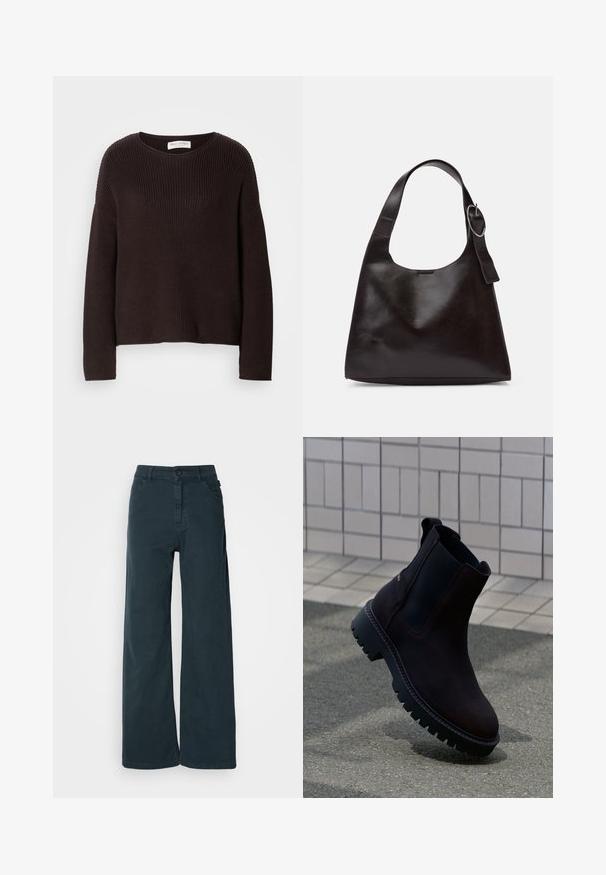 Mørk brun strikket genser med rund hals, senkede skuldre og ribbet tekstur gjennom hele. Enkel, avslappet passform.; Vide benbukser i mørkegrå bomullsmiks, med frontknappelukking, beltehemper, og to sidelommer. Glatt tekstur med minimal detaljering.; Brune lær ankelsko med sorte elastiske sidepaneler og en tykk, robust såle. Merkbar søm rundt kantene.; Brun lærveske med en glatt tekstur, rund form, bred stropp og sirkelformet metallaccent på håndtaket.