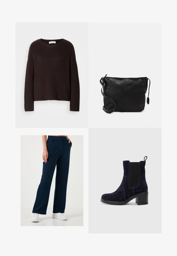 Tumepruun kudum sweater, millel on ümar kaelus, alla lastud õlad ja ribakujundus kogu ulatuses. Lihtne, mugav lõikekujundus.; Tumedad siniste värvi laiad püksid pehmest ja venivast kangast, kummipaelvöö ja küljetaskudega, kombineeritud valgete sneakersitega.; Tumedat siniset nahast sääre pooled saapad elastse külgpaneeliga, ümmarguse ninaga ja blokkninaga. Tekstuuriga kangas ja siledad tallad lisavad kontrasti.; Must värvi nahast ristiõlakott, millel on lame kuju, kuldne metallist detailide aktsent ja reguleeritav rihm. Sile tekstuur väheste õmblusdetailidega.