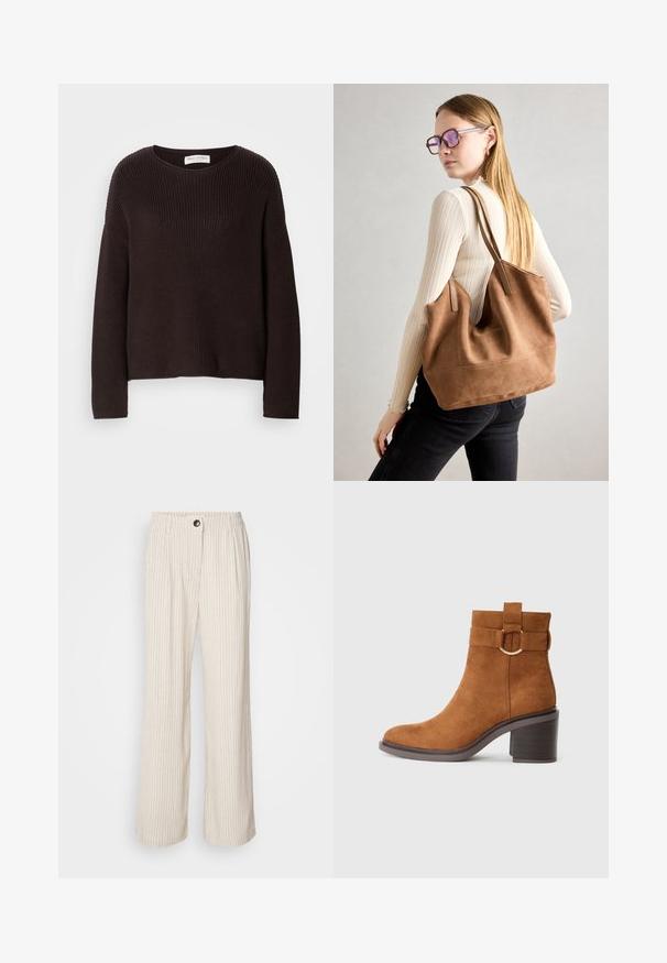 Temno rjav pleten pulover z okroglim izrezom, spušenimi rameni in rebrasto teksturo po vsej površini. Preprost, sproščen fit dizajn.; Svetlo bež široke hlače s vertikalnimi črtami, elastičnim pasom in gumbom za zapiranje. Narejene iz teksturirane tkanine za sproščen fit.; Rjavi semiš gleženjski čevelj z zaobljenim nosom, blok peto in dekorativnim pasom, ki vključuje okroglo sponko.; Rjava semišna torba z mehko teksturo, velikim odprtjem in dolgimi ročaji. Ima preprost dizajn z vidnim šivanjem in brez okovja.