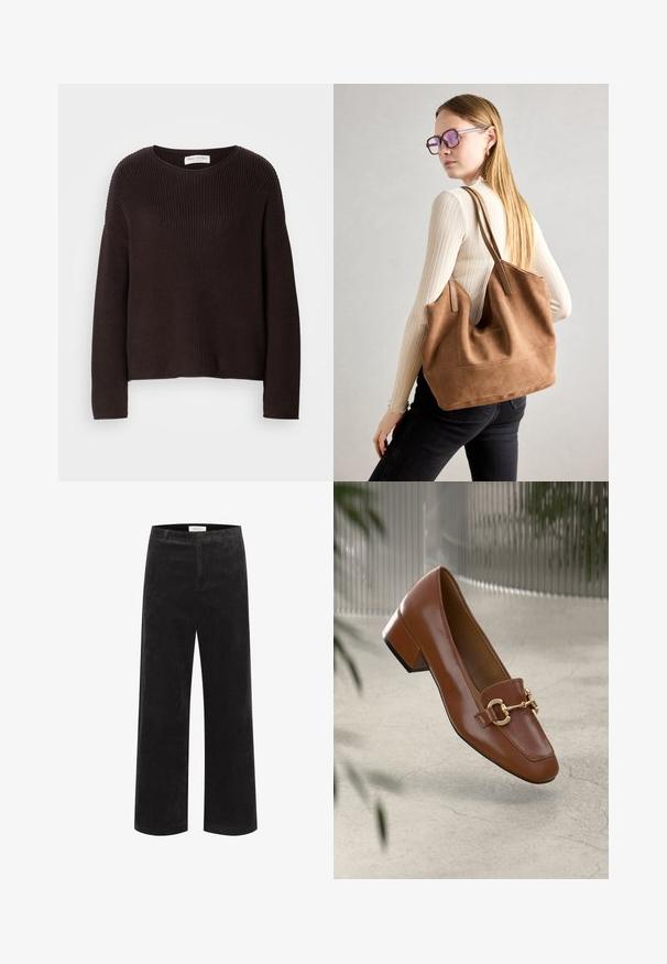 Tamsiai rudas megztinis su apvalia iškirpte, nusileidusiomis pečių linijomis ir visame megztinyje matoma šonkaulinė struktūra. Paprastas, laisvas siluetas.; Juodos velveto plataus skersvato kelnės su vertikaliu raštu, struktūruotu liemeniu ir plokščiu priekiu. Audinys atrodo minkštas su šiek tiek blizgesio.; Rudi lakinės odos loafer'iai su kvadrato formos nosimi, metalinėmis grandinėlių detalėmis ir žemu blokiniu kulnu; sklandus tekstūra, minimalistinis dizainas.; Ruda zomšos rankinė su minkšta tekstūra, dideliu atidarymu ir ilgomis diržais. Pasižymi paprastu dizainu, matomomis siūlėmis ir be aksesuarų.
