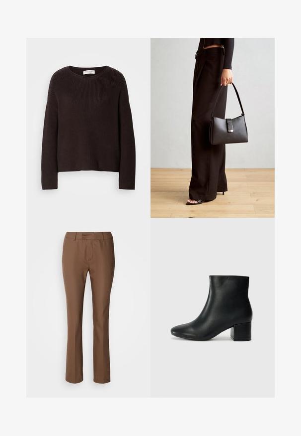 Pulôver tricotado castanho escuro com gola redonda, ombros caídos e textura canelada por toda a peça. Design simples e de corte descontraído.; Mos Mosh NIGHT - Calças - rain drum; Botas de tornozelo em pele preta com bico pontiagudo e um salto robusto. Textura suave com acentos mínimos e um design ajustado e elegante.; Bolsa preta com forma estruturada, textura suave e um fecho metálico. Combinada com calças largas pretas e sandálias de salto aberto sobre um chão de madeira.