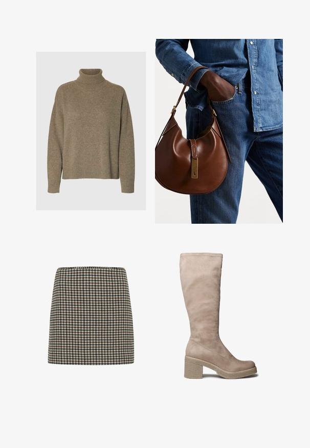 Pehmeast pruuni lõngast valmistatud kõrge kaelusega sviiter. Omab laiad ribakudumised varrukaid ja äärt, on vabalt istuv ning tekstuuriga pinnaga.; Ruuduline mini seelik mustas, pruunis ja kreemis. Struktureeritud kuju kõrge talje juurde. Pehme kangas tekstuuriga, millel on ühtlane ruuduline muster.; Knee-high beežist suede saapad, milles on koheva tekstureeritud konts ja platvormi tald, millel on sile viimistlus ja lihtne disain.; Pruun nahast hobo kott ümmarguse kujuga, millel on kuldne metallist detail ja kontrastne õmblus. Koos teksapitsi ja teksastega.