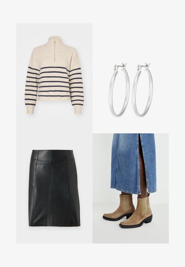 Maglione beige con righe orizzontali blu navy, colletto alto e chiusura con mezza zip. Realizzato in un tessuto a maglia testurizzato, con polsini a coste.; Gonna in pelle nera con un design aderente. Texture liscia, cuciture che delineano la forma e orlo dritto. Aspetto minimalista e slanciato.; Stivali ankle in camoscio color nocciola con pannelli elastici laterali e tacco a blocco nero. Indossati con una gonna di jeans azzurro chiaro con uno spacco laterale.; Orecchini a cerchio in argento con una finitura liscia e lucida. Forma rotonda e chiusura a scatto sicura. Design leggero adatto per l'uso quotidiano.