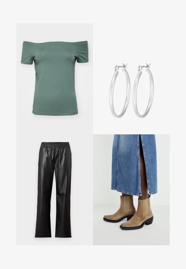 Bēšas krāsas džemperis ar tumši zilu horizontālu svītru, augstu apkakli un puscietu aizdari. Izgatavots no strukturētas adītās auduma, ar ribotām aprocēm.; Kreklu bez piedurknēm ar īsām piedurknēm bālā zaļā kokvilnā, ar pieguļošu siluetu un gludu struktūru, ar vienkāršu kakla izgriezumu un apakšmalu.; Melnas mākslīgās ādas bikses ar elastīgu jostasvietu, taisnas kājas dizainu un kontrastējošām sānu līnijām. Gluda tekstūra un minimālisma stils.; Mīksti zamšādas potītes zābaki brūnā krāsā ar elastīgām sānu paneļiem un melnu blokveida papēdi. Valkāti ar gaiši zilām džinsi svārkiem, kas ietver sānu šķēlumu.; Sudraba riņķveida auss gredzeni ar gludu, pulētu apdari. Apaļa forma un drošs klikšķa augšējais slēgums. Viegls dizains, kas piemērots ikdienas valkāšanai.