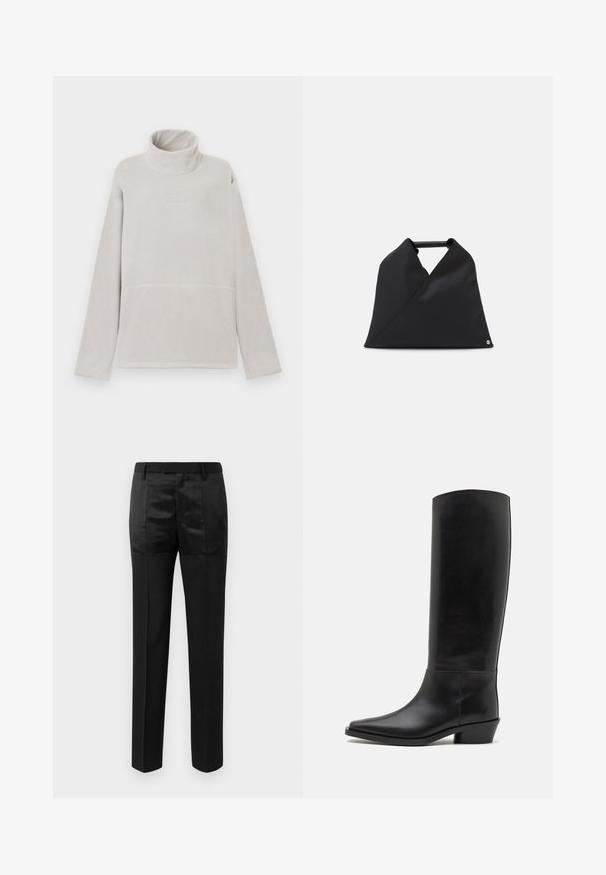 Light gray fleece pullover with long sleeves, high collar, and subtle brand logo and numeric design on the chest.; Black tailored trousers with straight legs and a waistband with belt loops, featuring a mix of matte and shiny fabric panels.; Proenza Schouler BRONCO - Riding boots - black; Black leather bag featuring an asymmetrical design with a textured surface. It has a simple handle and a subtle logo accent.