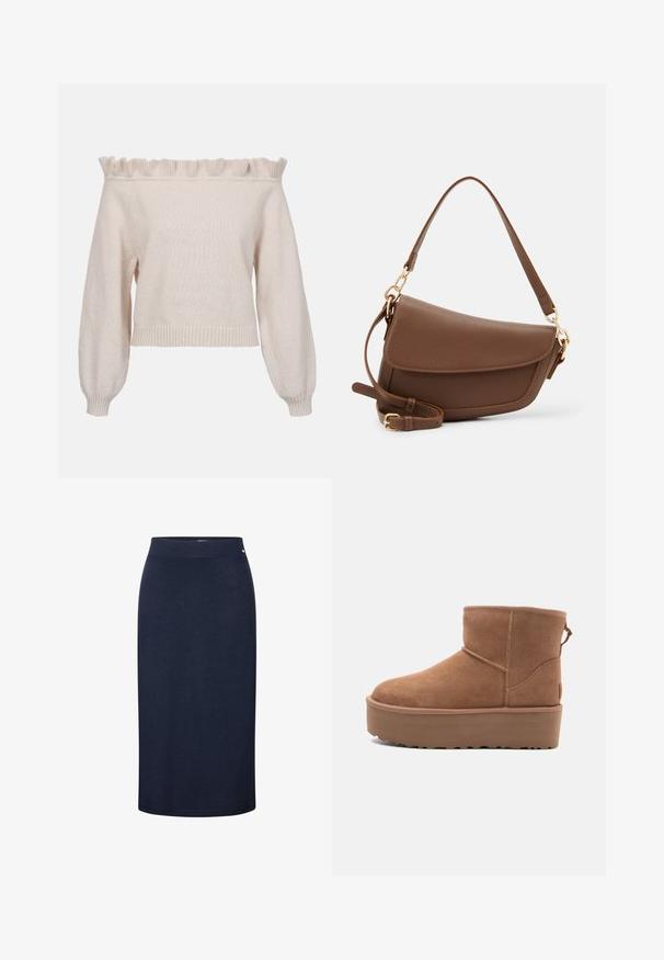Cremfarbener Off-Shoulder-Pullover mit Rüschenausschnitt, langen Puffärmeln und geripptem Saum; aus weichem, strukturiertem Strickstoff gefertigt.; Marineblauer, knielanger Rock aus weichem, dehnbarem Stoff. Verfügt über einen glatten Bund und ein einfaches Design ohne Muster oder Verzierungen.; Beige Wildleder-Ankle-Boot mit Plateausohle, abgerundetem Zehenbereich und abgesteppten Akzenten; verfügt über eine Zuglasche hinten für einfaches An- und Ausziehen.; Braune Lederschultertasche mit strukturiertem Finish, geschwungener Form, goldfarbenen Beschlägen, verstellbarem Schulterriemen und Klappenverschluss.