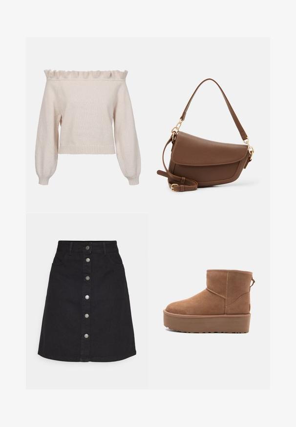 Kermakosketus kauluksellinen kerma-valkoinen neulepusero, jossa on röyhelökaulus, pitkät puffi-hihat ja ribbireunus; valmistettu pehmeästä, tekstuuripinnasta.; Musta farkkuhame, jossa on pystysuora nappisulku ja viisi taskua. Hameessa on suora muotoilu ja helma, ja se on valmistettu kestävästä puuvillakankaasta.; Tan suede nilonini kidogo chukua na sahani ya jukwaa, mguu wenye umbo la duara, na mapambo ya kushona; inajumuisha kipande cha kubana nyuma kwa kuvaa kwa urahisi.; Ruskea nahkainen olkalaukku, jossa on teksturoitu pinta, kaareva muoto, kultasävyinen metalliosat, säädettävä hihna ja läppäkiinnitys.