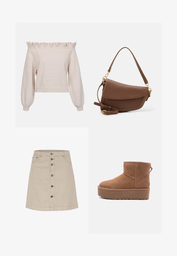 Õlgadele ulatuv kreemjas kampsun, millel on rüseliku kaelaäär, pikad puffvarrukad ja soonikkoes äär; valmistatud pehmest, tekstureeritud kudumstoffist.; Beige triibuline teksaseelik, millel on laienev kuju, esitukse sulgemine, kaks küljetaskut ja peened õmblusdetailid.; Kohvatooni nubukist põlvikute saapad platvormsööl with ümmarguse varbaga ja õmblusteenustega; seljal on kinnitusling, mis tagab mugava jalga panemise.; Pruun nahast õlakott tekstuuritud viimistlusega, kõver kuju, kuldse tooni riistvara, reguleeritav rihm ja klappkinnitus.