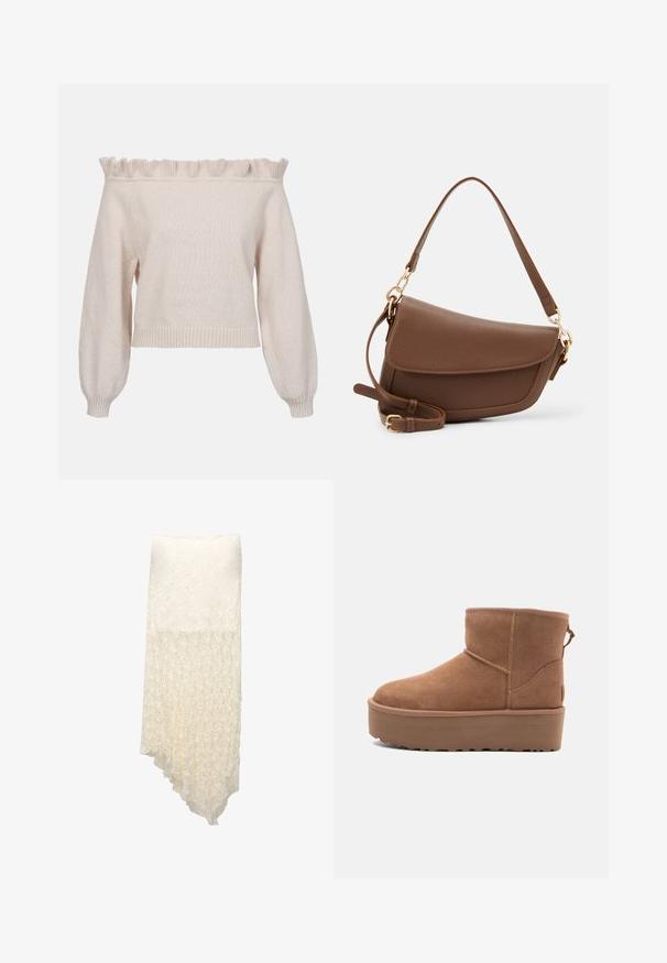 Krémový svetr s odkrytými rameny, volánkovým výstřihem, dlouhými puff rukávy a žebrovaným lemem; vyrobený z měkké, texturované pleteniny.; Bílé, texturované zavinovací sukni s asymetrickým lemem, která má pokrčený vzor postupně přecházející od neprůhledného po poloprůhledný.; Hnědé semišové kotníkové boty s platformou, zaoblenou špičkou a prošíváním; mají poutko vzadu pro snadné obouvání.; Hnědá kožená taška přes rameno s texturovaným povrchem, zakřiveným tvarem, zlatými kovovými prvky, nastavitelným popruhem a klopovým zapínáním.