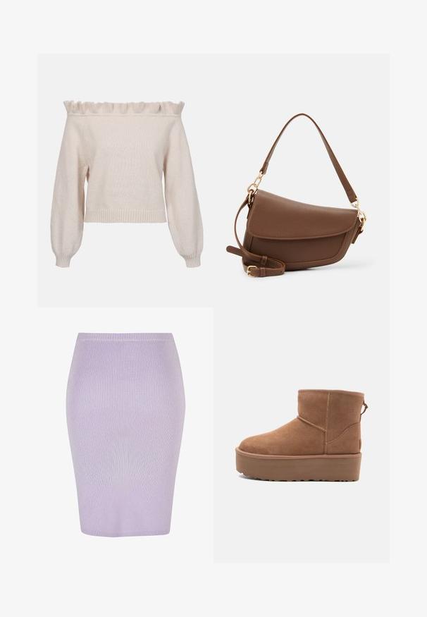 Krémový svetr s odkrytými rameny, volánkovým výstřihem, dlouhými puff rukávy a žebrovaným lemem; vyrobený z měkké, texturované pleteniny.; Žebrovaná tužková sukně ve světle fialové barvě s přiléhavým střihem. Má vysoký pas, hladkou texturu a délku ke kolenům.; Hnědé semišové kotníkové boty s platformou, zaoblenou špičkou a prošíváním; mají poutko vzadu pro snadné obouvání.; Hnědá kožená taška přes rameno s texturovaným povrchem, zakřiveným tvarem, zlatými kovovými prvky, nastavitelným popruhem a klopovým zapínáním.