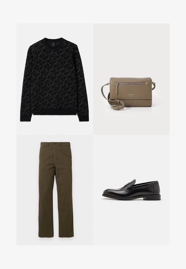 Mustmustärkk, millel on tume rohelise värvi tekstuuriline muster. Omab ümmargust kaelaauku, pikki varrukasid ning soonikuid mansette ja serva.; Meeste sirged pruunid puuvillased püksid vööaasadega, esise nupu ja lukuga heleda tausta vastu.; Mustad mustad nahast loafers sileda tekstuuriga, ümarat ninaosa ja dekoratiivne riba vampi üle. Madal kihiline konts, minimalistlik disain.; Kohvase naha ületõmmatav kott, millel on lukuga esikott, reguleeritav rihm, kivitextuur ja esiküljel embosseeritud logo.