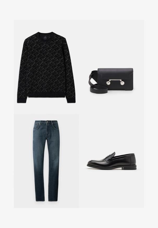 Suéter negro con un patrón texturizado en verde oscuro. Presenta un cuello redondo, mangas largas y puños y dobladillo acanalados.; Vaqueros de mezclilla oscura con un corte recto, diseño clásico de cinco bolsillos, costuras en contraste y un sutil efecto desgastado en los muslos.; Mocasines de cuero negro con una textura suave, puntera redondeada y una tira decorativa en el empeine. Tacón bajo apilado, diseño minimalista.; Bolso cruzado de cuero negro con cierre de solapa, herrajes en tono plata y dos acentos redondos. Cuenta con una correa desmontable. Textura suave.