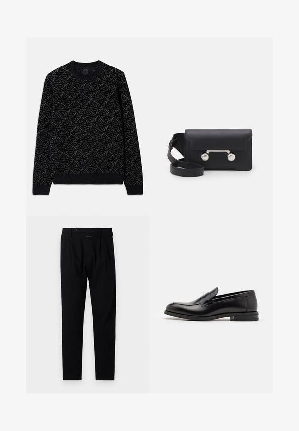 Mustmustärkk, millel on tume rohelise värvi tekstuuriline muster. Omab ümmargust kaelaauku, pikki varrukasid ning soonikuid mansette ja serva.; Mustad püksid, millel on kohandatud lõige, lamedad esiosad, ühe plekiga ja nööbiga kinni. Valmistatud siledast kangast, sobivad ametlikuks kandmiseks.; Mustad mustad nahast loafers sileda tekstuuriga, ümarat ninaosa ja dekoratiivne riba vampi üle. Madal kihiline konts, minimalistlik disain.; Must со хsaid crossover kottiga black nahka, mis on varustatud klapiga sulgemisega, hõbedased detailid ja kaks ümmargust aksessuaar. Omab eemaldatavat rihma. Sile tekstuur.