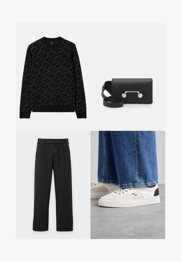 Sweater preto com um padrão texturizado em verde escuro. Apresenta um decote redondo, mangas longas e punhos e barra canelados.; Calças de algodão pretas com corte reto, apresentando uma frente plissada, passantes para cinto e fecho com botão. Textura lisa sem padrões.; Sapatilhas brancas e pretas com um upper de couro suave, detalhes texturizados e uma sola branca grossa. Apresenta um design clássico de atacadores.; Saco transversal em pele preta com fecho de aba, ferragens em tom prateado e dois acentos redondos. Apresenta uma alça destacável. Textura suave.